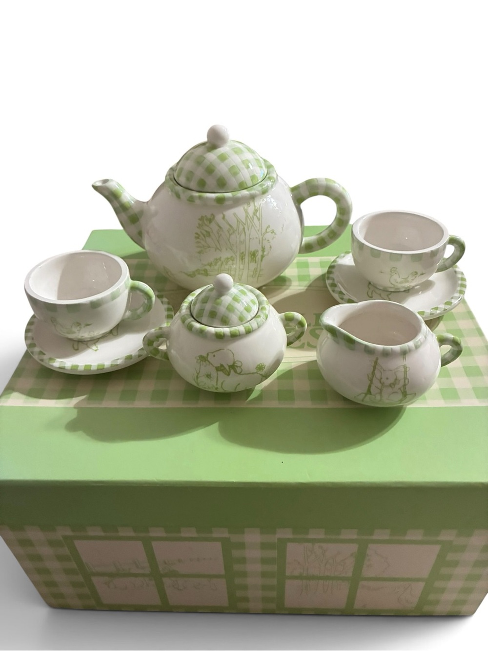 Toile Tales Children’s Porcelain Tea Set Green & White Check Gingham Animals NIB